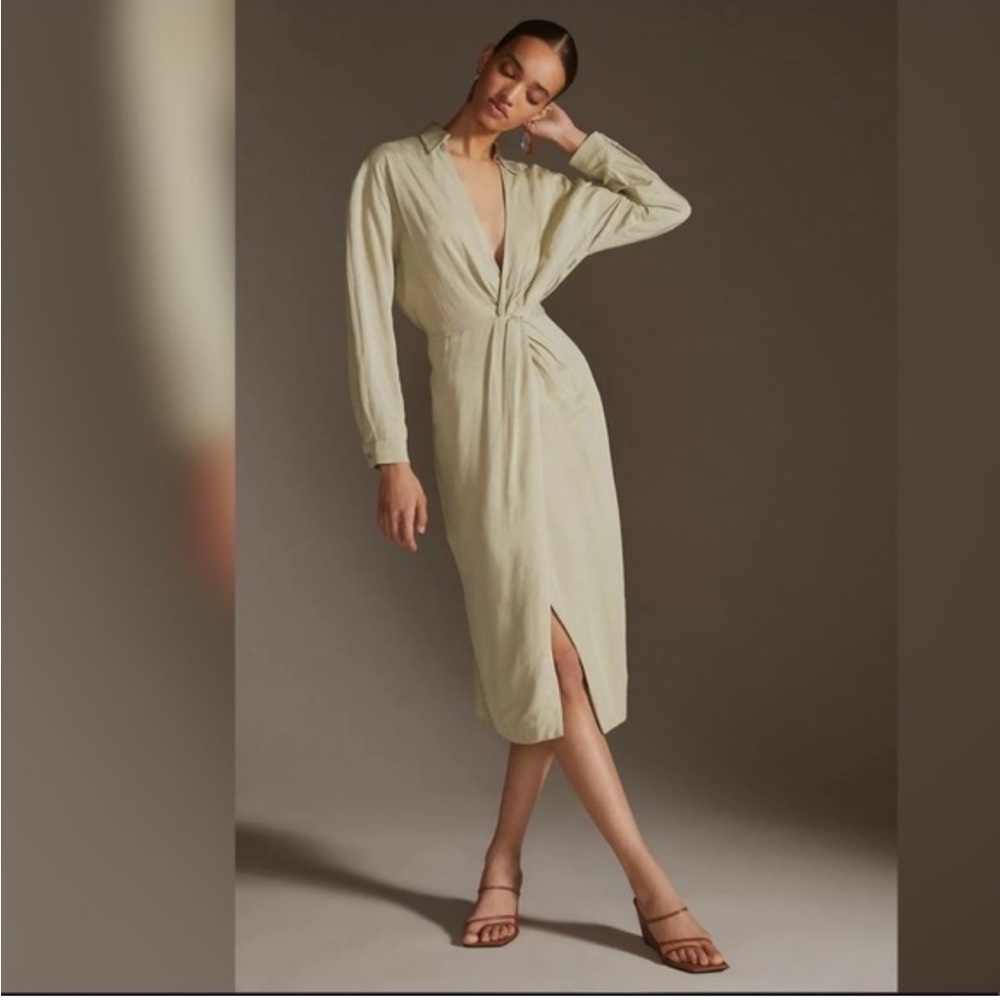 Anthropologie V-Neck Knot Front Midi Dress Sage Green Boho Size 8